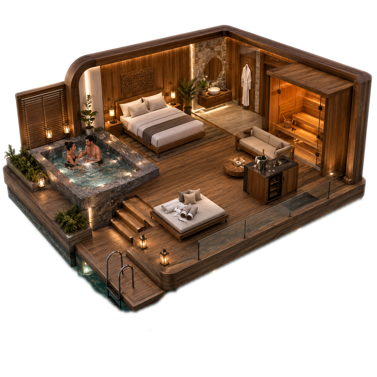 Luxuriöser Private Spa mit Whirlpool, Sauna und Schlafbereich